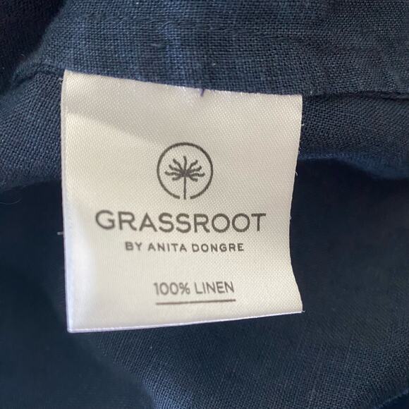 GRASSROOT by Anita Dongre 100% Linen Split Neck Collared Pleated Blouse Navy - Picture 9 of 10